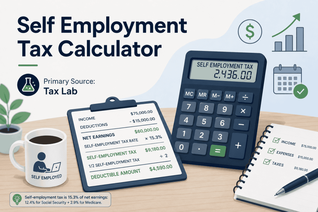 Alt text:
Self Employment Tax calculator banner featuring a calculator, tax worksheet, and financial icons. The design highlights income, deductions, self-employment tax rates, and deductible amounts with Tax Lab branding in a clean blue and green workspace theme.