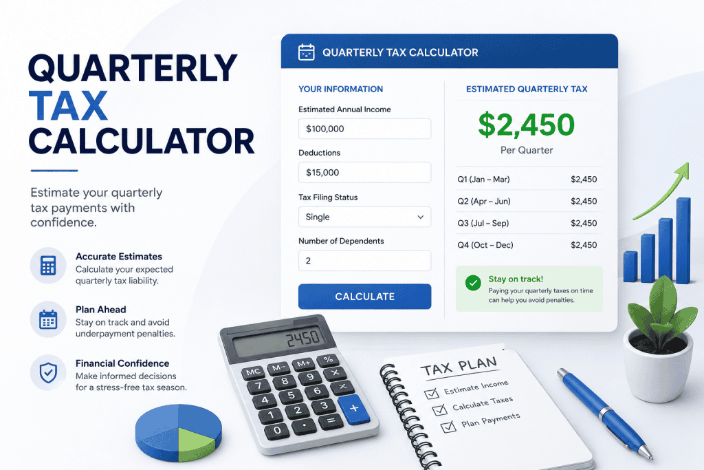 quarterly tax calculator illustration featuring a blue-and-white financial dashboard with estimated quarterly tax payments, income input fields, calculator, tax planning notebook, growth chart, and professional business graphics for a tax website banner.