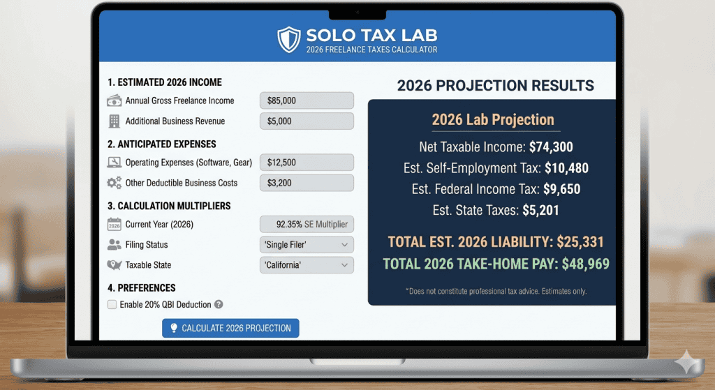 Interface of the 2026 freelance taxes calculator for solo professionals