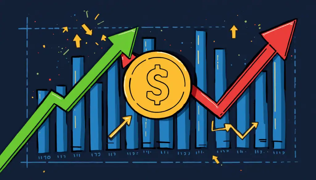 A financial growth chart illustration featuring a dollar coin, bar graphs, and an upward trending arrow for the emergency saving with help of emergency fund calculator guide.