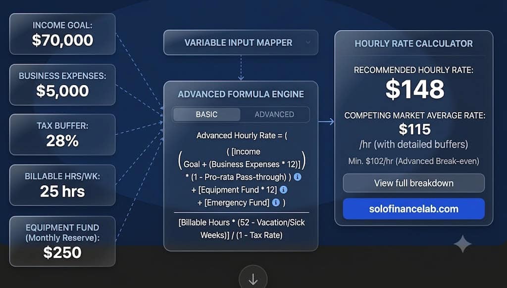 Freelance hourly rate calculator showing income goal, expenses, tax buffer and billable hours flowing into a recommended rate of $106 per hour — SoloFinanceLab